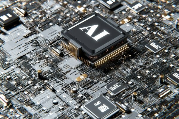 3D render of AI chip and GPU processors
