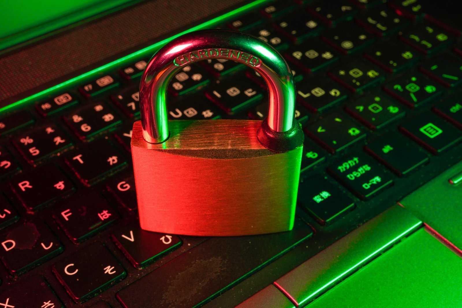 Red padlock on black computer keyboard representing cybersecurity