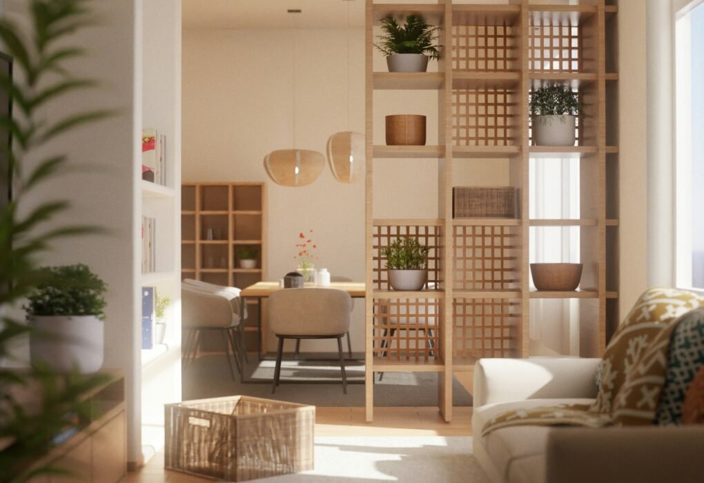 Modern living room with natural light and wooden accents showing popular home style