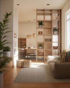 Modern living room with natural light and wooden accents showing popular home style