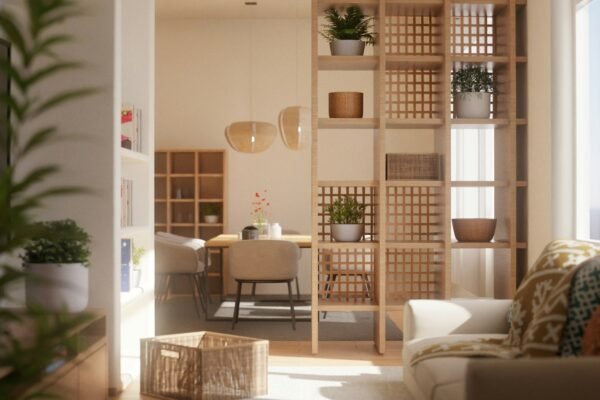 Modern living room with natural light and wooden accents showing popular home style